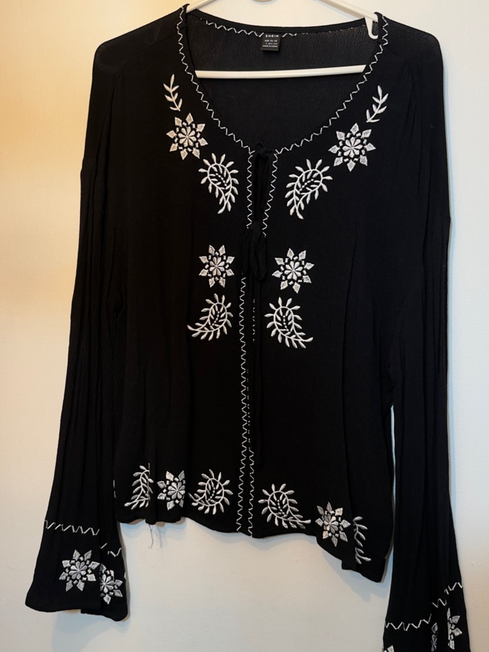 SHEIN Black Long-Sleeve Embroidered Peasant Top